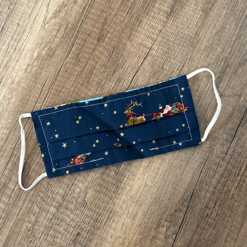 Navy Christmas Santa & Reindeer Pleated Face Mask